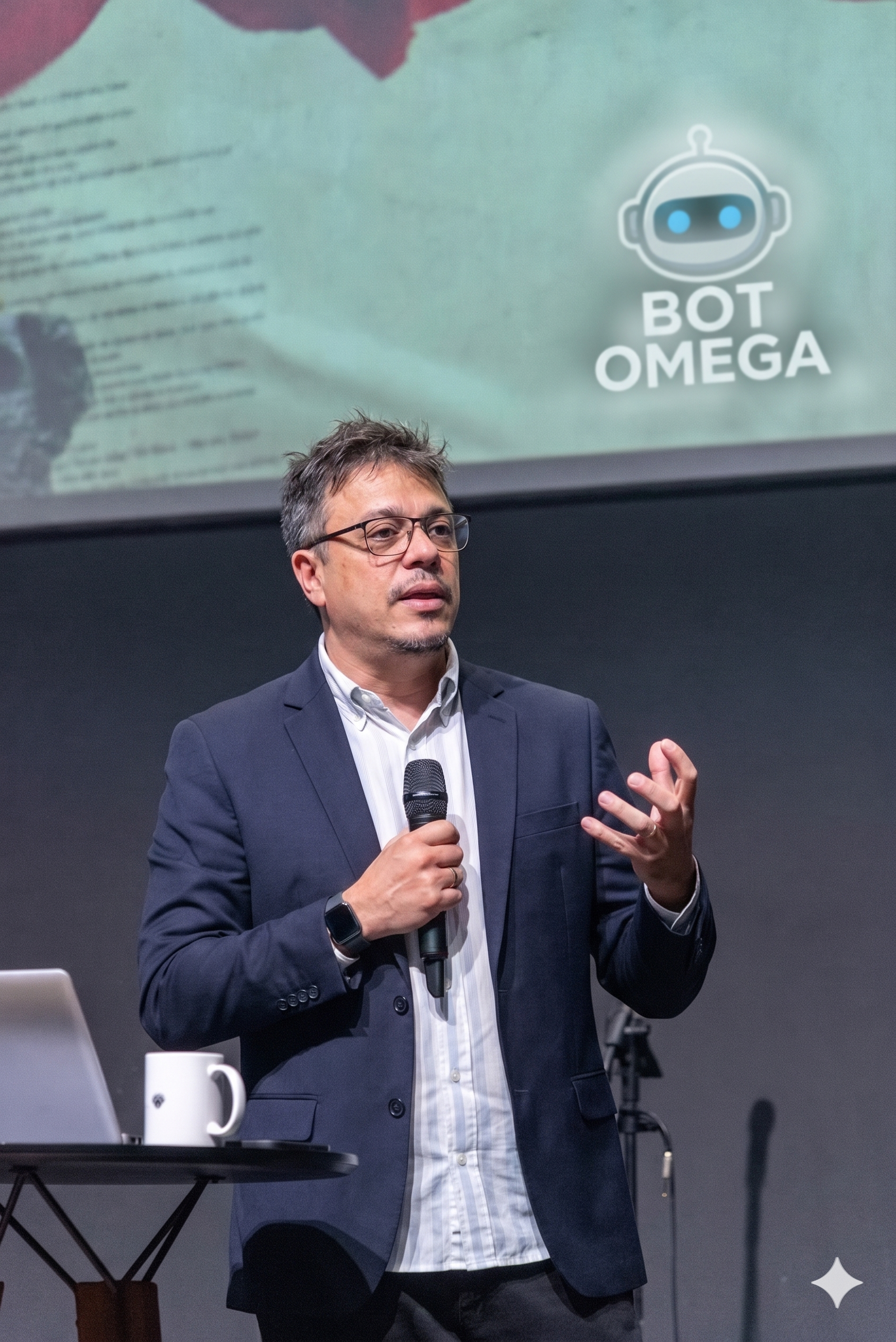 Octávio apresentando o ecossistema Bot Omega em evento ao vivo